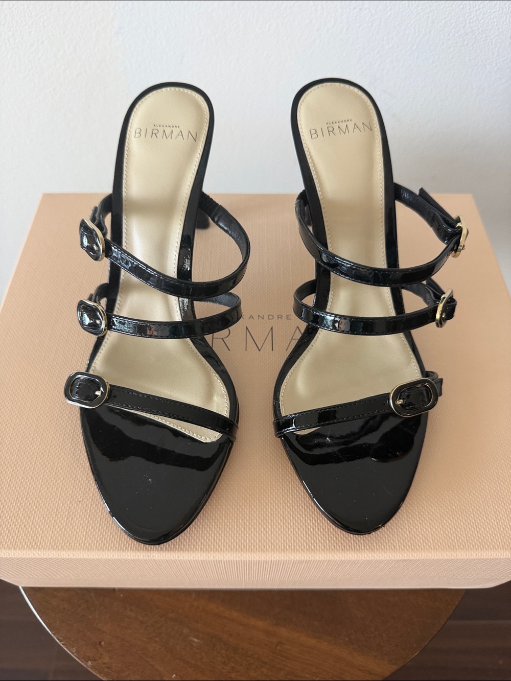 Alexandre Birman Black Patent Leather Strappy Mules
